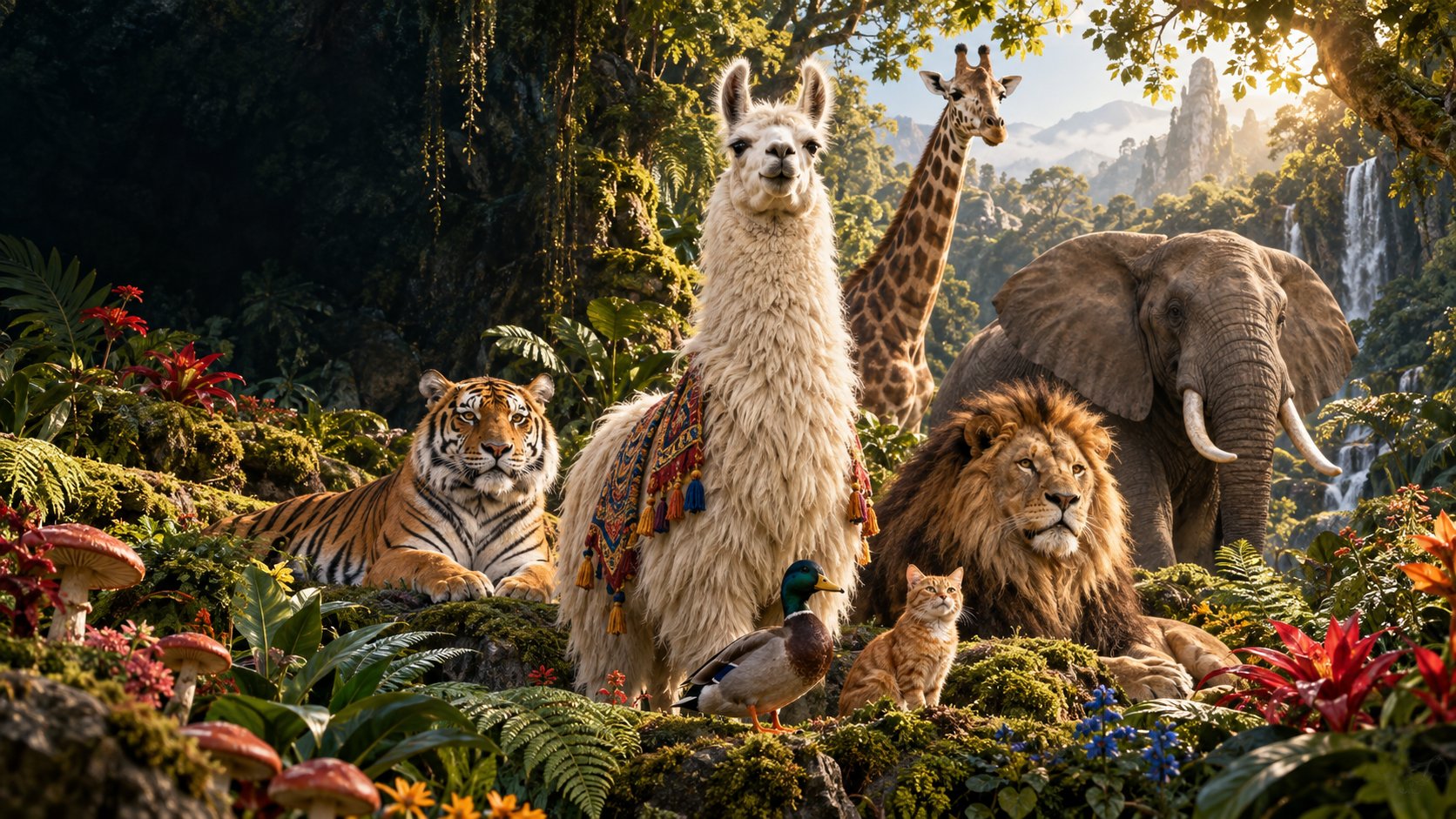 A royal gathering of a llama, giraffe, elephant, tiger, lion, duck and cat in a lush forest