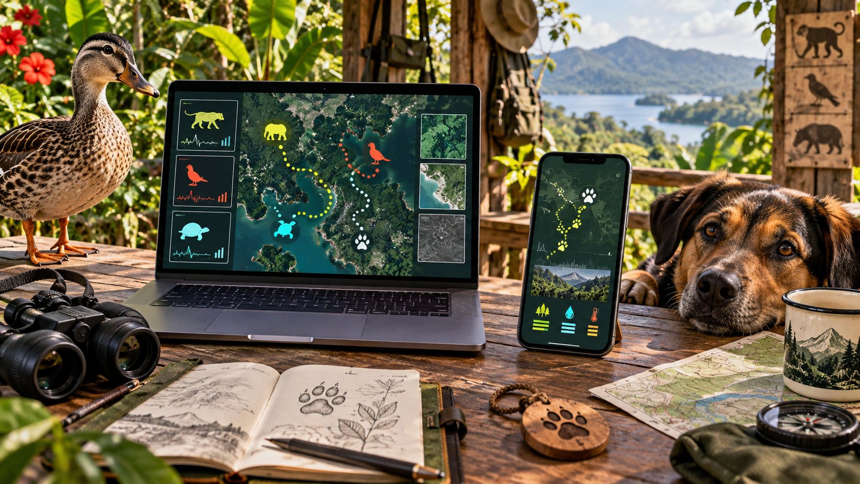 A laptop and phone displaying wildlife tracking maps at an outdoor field station with a duck and dog